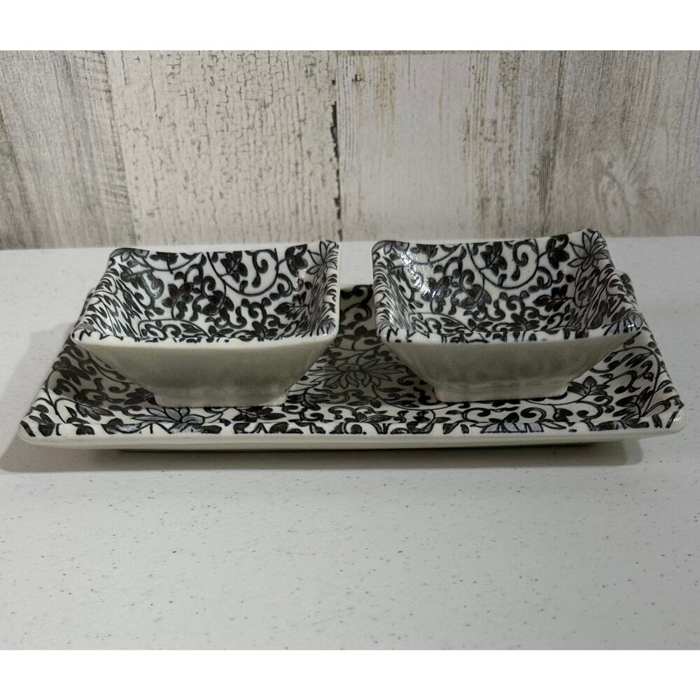 Kanesada Salt Glaze Stoneware‎ Set Sushi Plate Sauce Bowls Black Floral Filagree